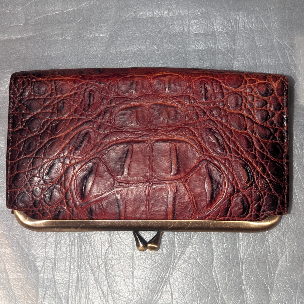Vintage Cynthia Rowley Burgundy Crocodile Embossed Wallet / Clutch